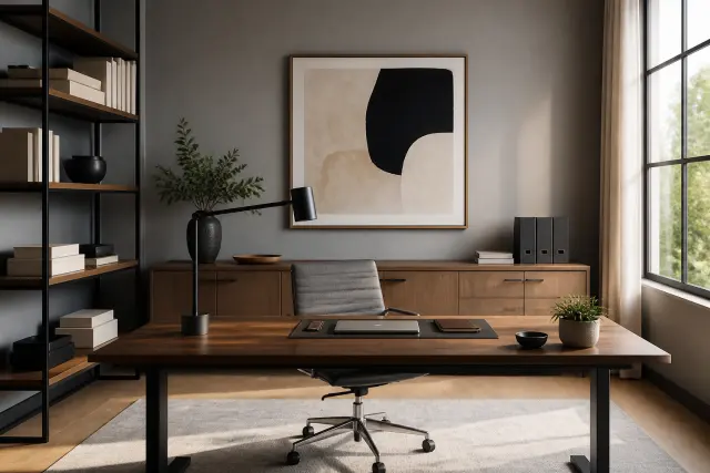 Organized home office with closed cabinet storage, open shelves, art, and a small plant.