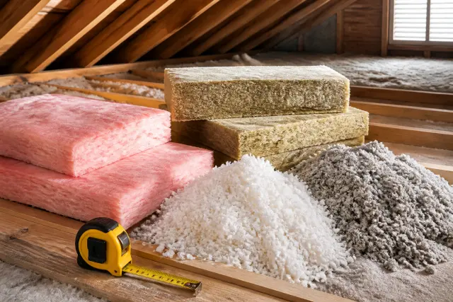 Several attic insulation material options arranged near exposed ceiling joists.