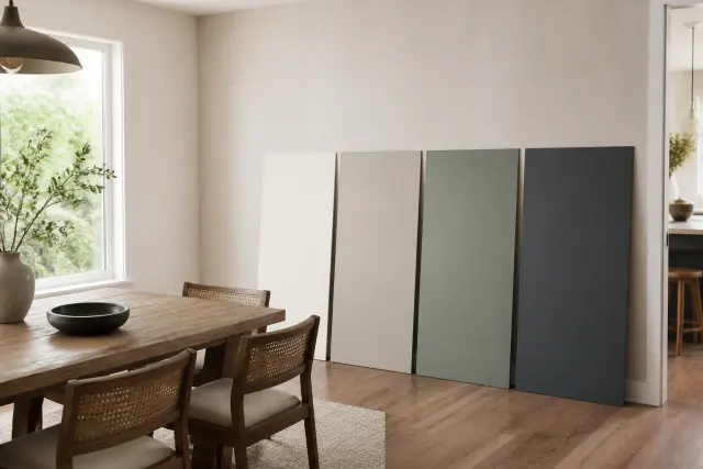 Large paint samples tested beside flooring and furnishings in a dining room.