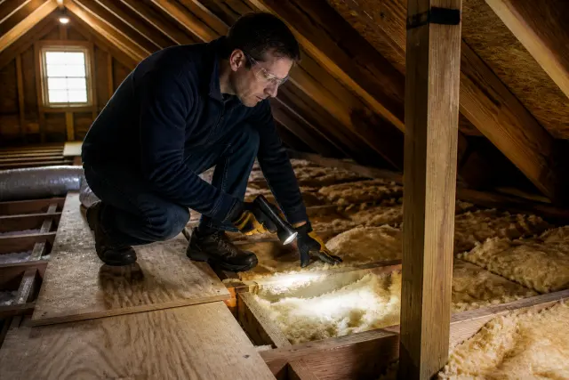 Homeowner safely inspecting existing insulation and framing in an attic.