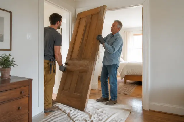 Two people safely removing an old interior door from its hinges.