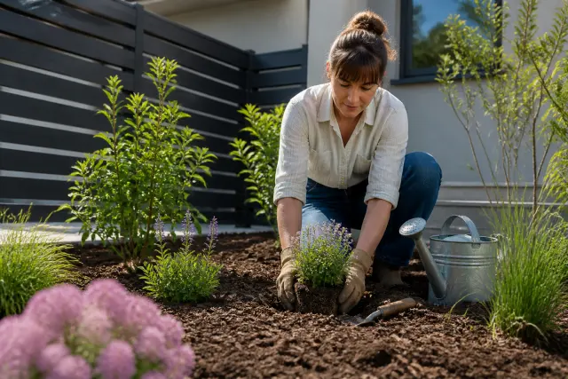 Gardener planting native perennials and applying mulch in a backyard bed.