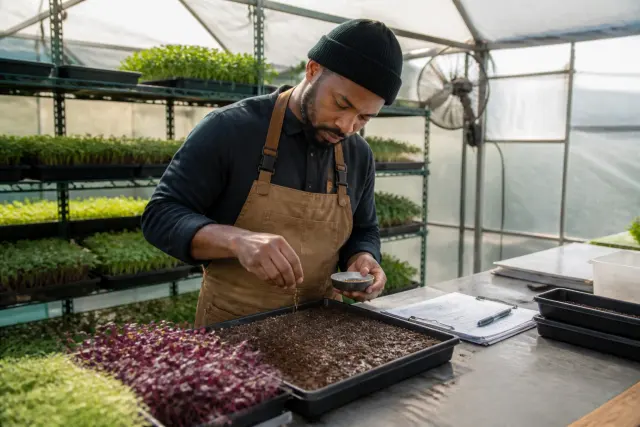Male gardener seeding trays as part of a weekly microgreen production schedule.