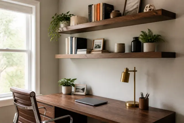 Completed handmade floating shelves above a home office desk.