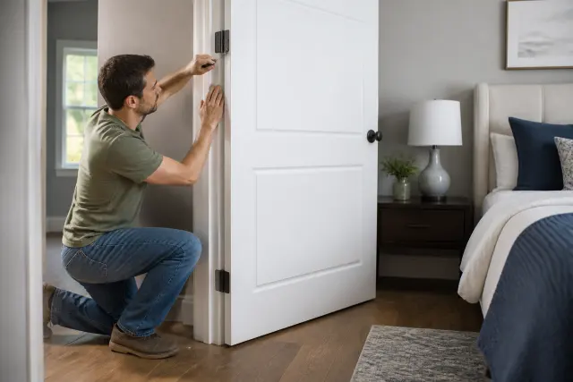 Homeowner making a final adjustment to a newly installed interior door.