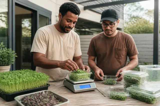 Two male growers weighing and packaging freshly harvested microgreens at a patio worktable.