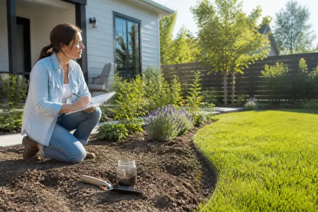 Homeowner assessing sunlight and soil in a backyard planting area.