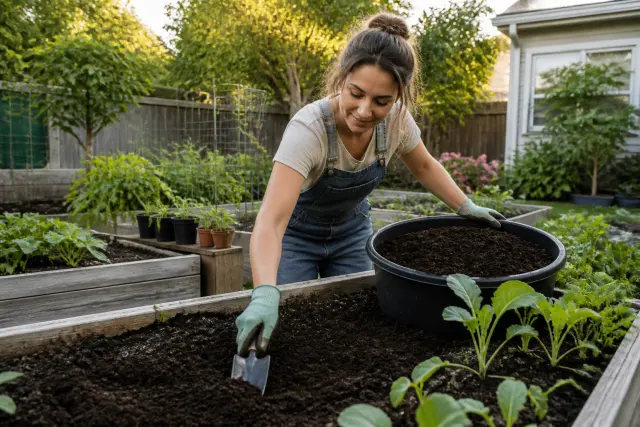 Gardener spreading finished compost over a raised vegetable garden bed.