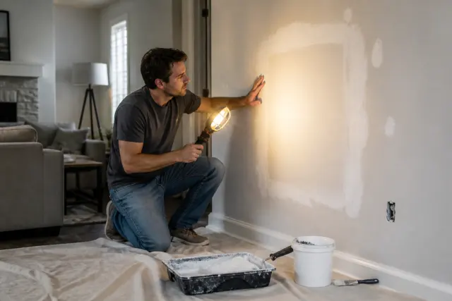 A drywall patch inspected under angled light before painting.