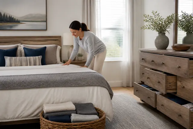 Orderly modern bedroom with neatly made bedding and organized storage.