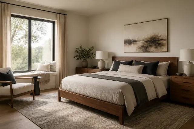Modern bedroom in warm white, walnut, oatmeal, and charcoal tones.