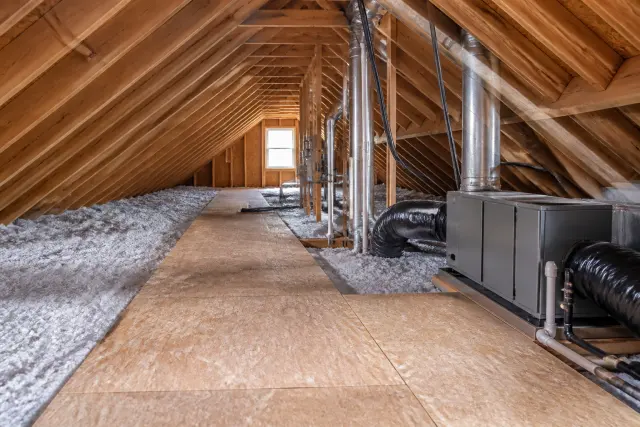 Raised attic walkway providing access above deep insulation.