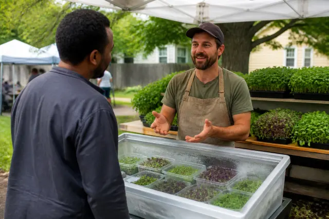 Male microgreen grower talking with a customer at a local farmers market stand.