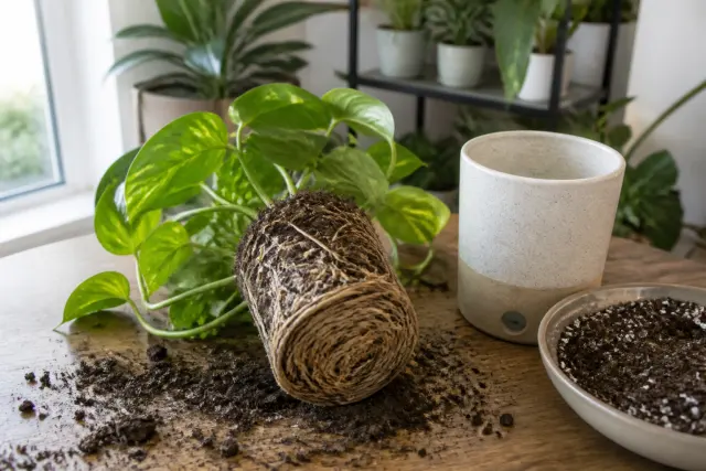 Close-up of circling pothos roots showing that the plant is root-bound.