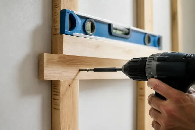 Hidden wood cleat being installed level on an interior wall.