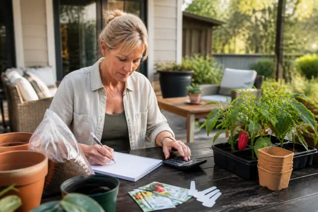 Gardener tracking plant-selling costs beside potted pepper plants and supplies