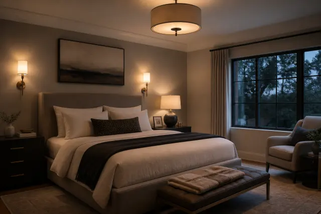 Modern bedroom illuminated by soft bedside sconces and layered evening lighting.