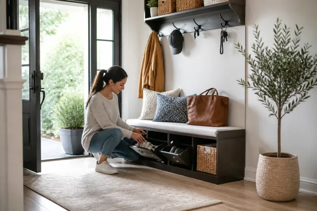 Organized entryway with hooks, baskets, and a small bench.
