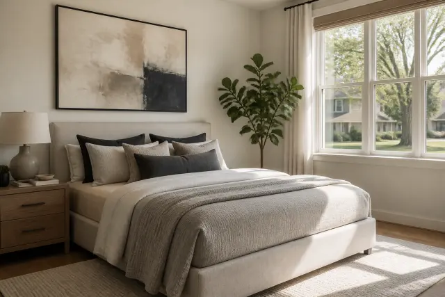 Modern bedroom with large wall art, a tidy nightstand, and a houseplant.