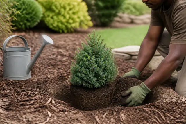 Proper planting and mulching technique for a compact evergreen shrub.