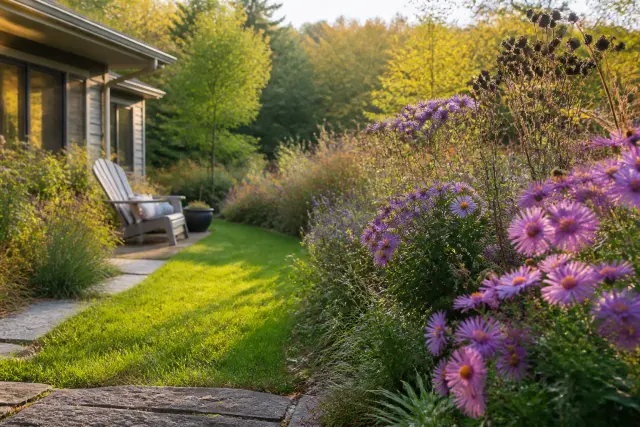 Autumn pollinator garden with asters, seed heads, and a neat viewing path.