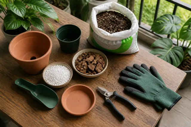 Potting mix, a drainage-hole pot, pruners, perlite, and other supplies for repotting houseplants.