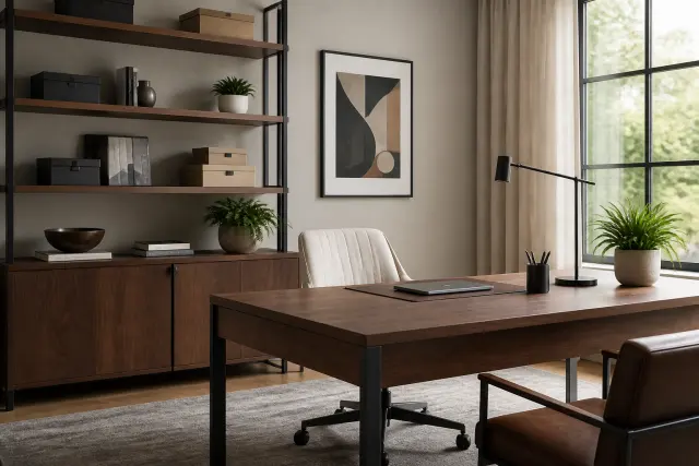 Organized home office with closed cabinet storage, open shelves, art, and a small plant.