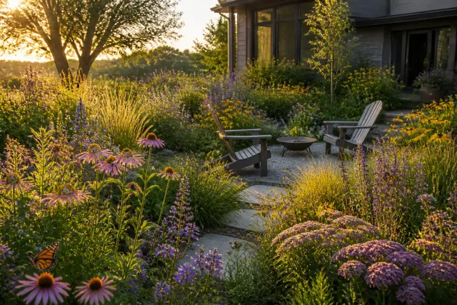 Mature pollinator garden with flowers, grasses, and a small seating area at sunset.