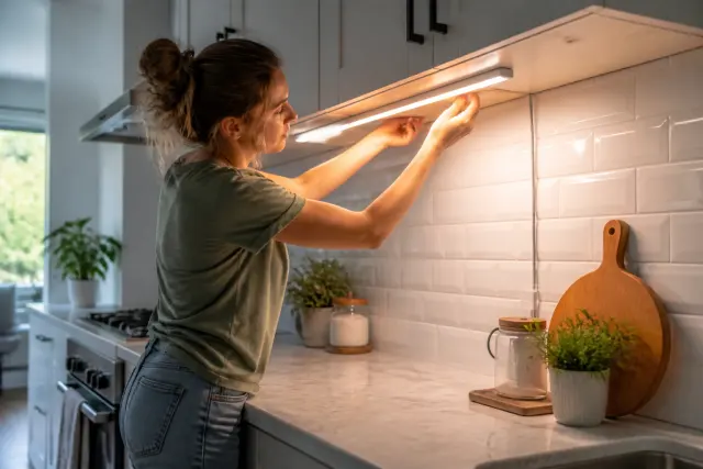 Homeowner adding plug-in under-cabinet lighting in a kitchen.