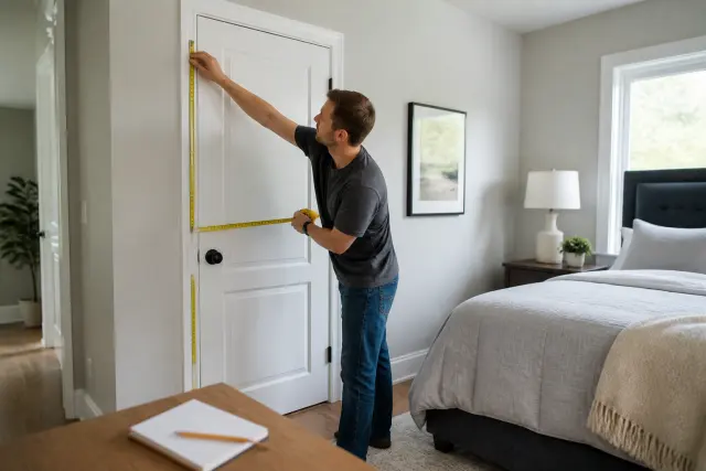 Homeowner measuring an existing bedroom door before replacement.