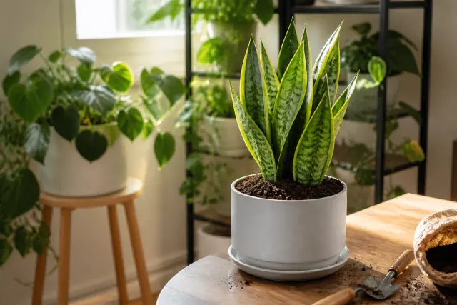 A freshly repotted snake plant placed in bright indirect light after repotting.