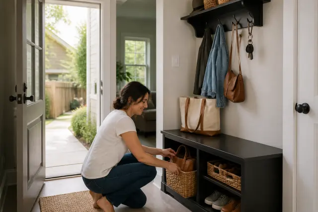 Organized entryway with hooks, baskets, and a small bench.