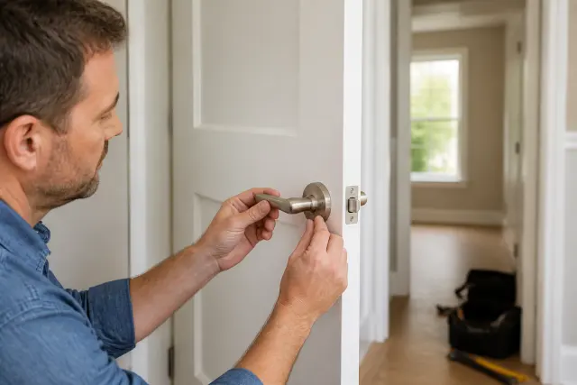 Homeowner installing lever hardware on a new white interior door.