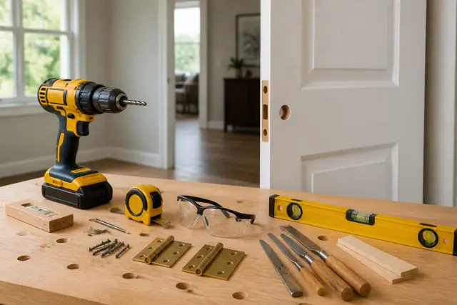 Tools and safety gear arranged for an interior door replacement project.