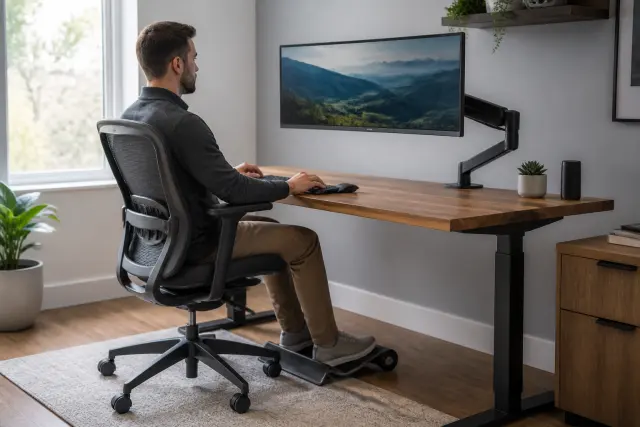 Ergonomic desk setup with an adjustable chair, elevated monitor, keyboard, mouse, and footrest.