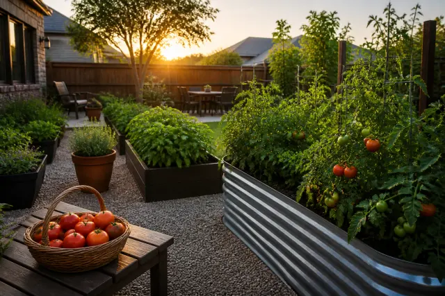 Peaceful backyard tomato garden with a basket of harvested tomatoes at sunset.