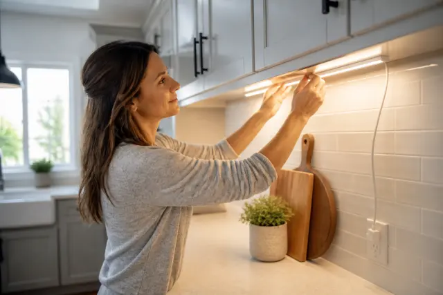 Homeowner adding plug-in under-cabinet lighting in a kitchen.