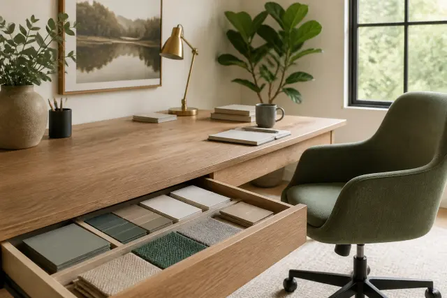 Home office with coordinated materials and organized color-planning samples.