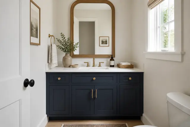 Small powder room using a deep navy vanity within a warm neutral color palette.
