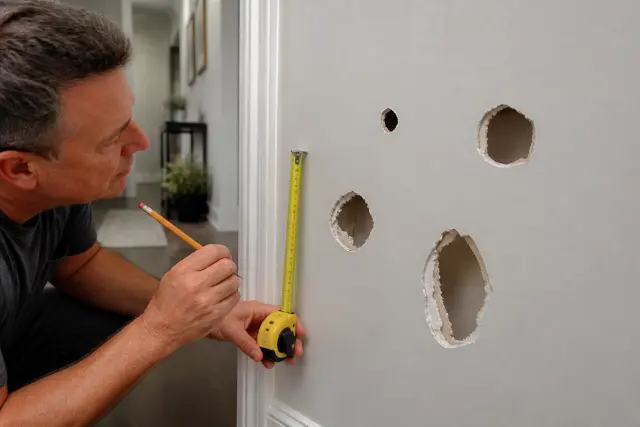 Different sizes of drywall damage being inspected in a hallway.