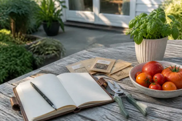 Garden journal and freshly harvested tomatoes on an outdoor patio table.