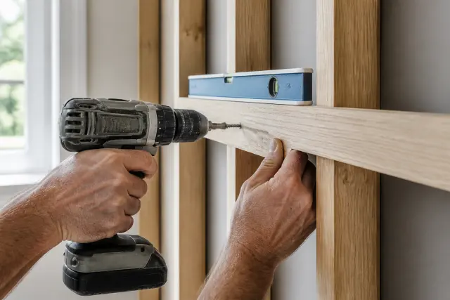 Hidden wood cleat being installed level on an interior wall.