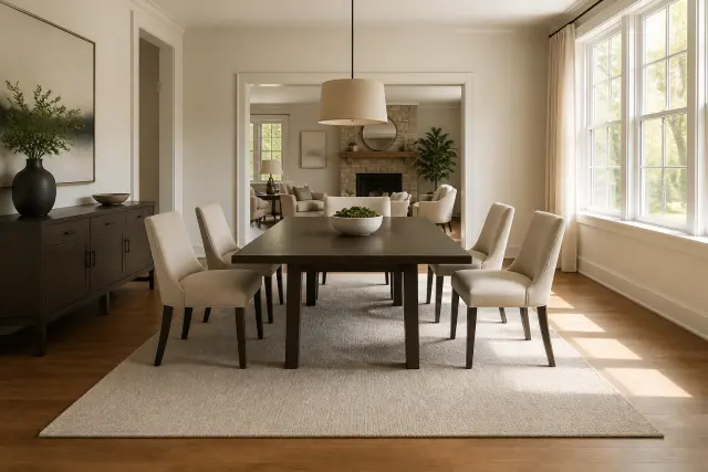 Dining chairs remain on a large low-pile rug when pulled away from the table.
