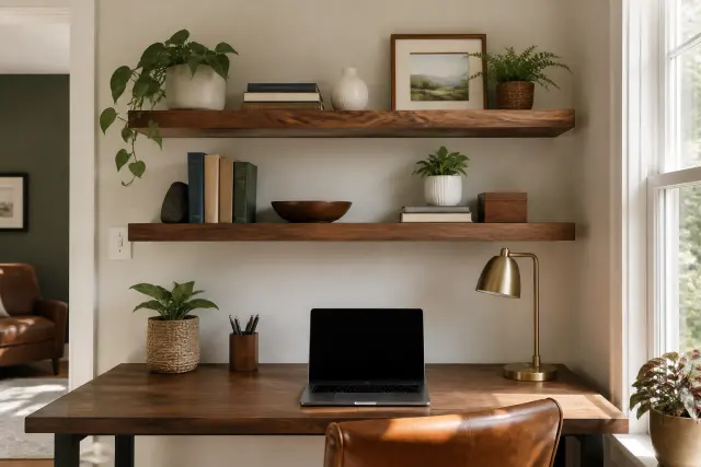 Completed handmade floating shelves above a home office desk.