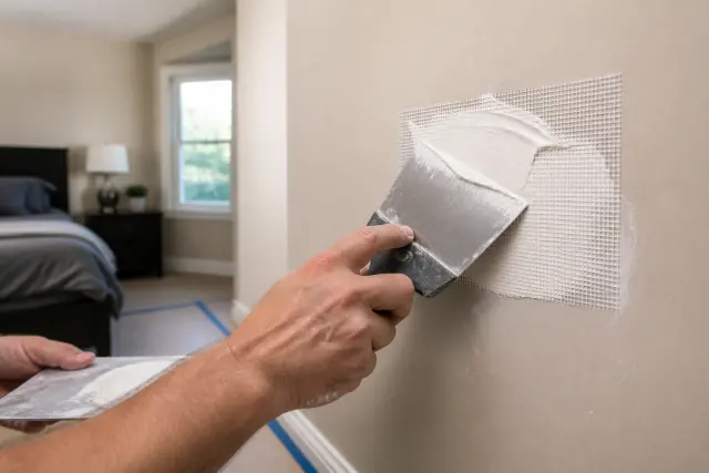 Joint compound being applied over a self-adhesive drywall patch.