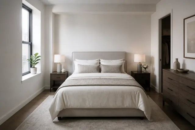 Compact modern bedroom with a centered bed and clear walking space.