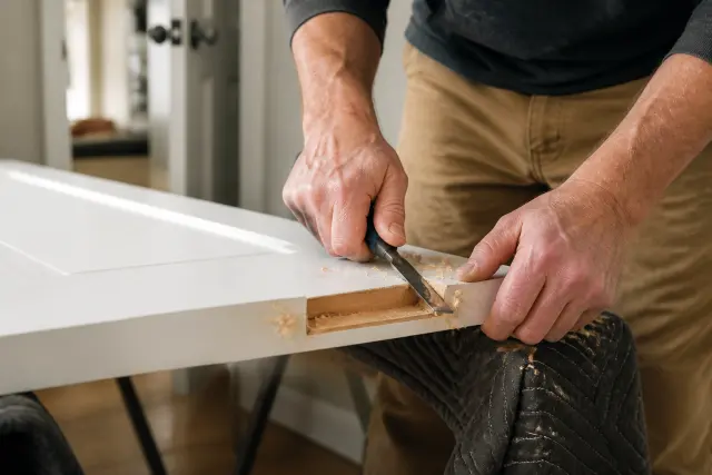 DIY homeowner mortising a hinge recess into a new interior slab door.