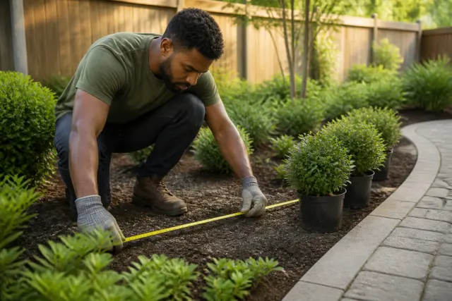 Gardener measuring spacing for dwarf evergreen shrubs in a small garden bed.