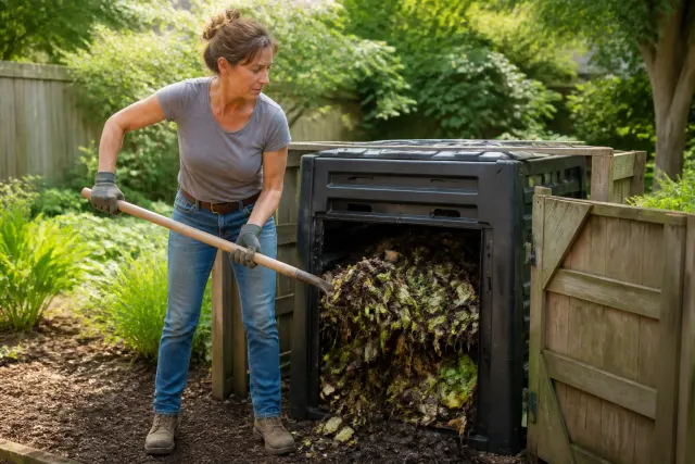 Gardener turning a compost pile with a garden fork outdoors.