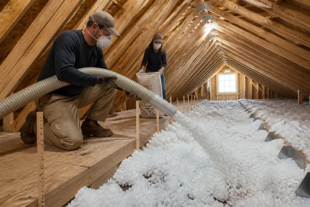 Two people safely installing loose-fill insulation across an attic floor.